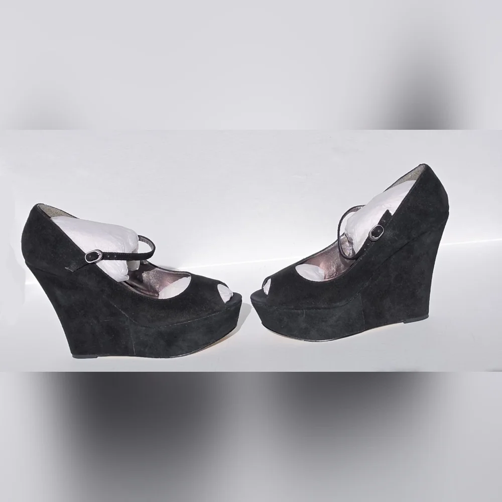 Steve Madden Sofiaa Suede Black Wedge Peep Toe Shoes Sz 10